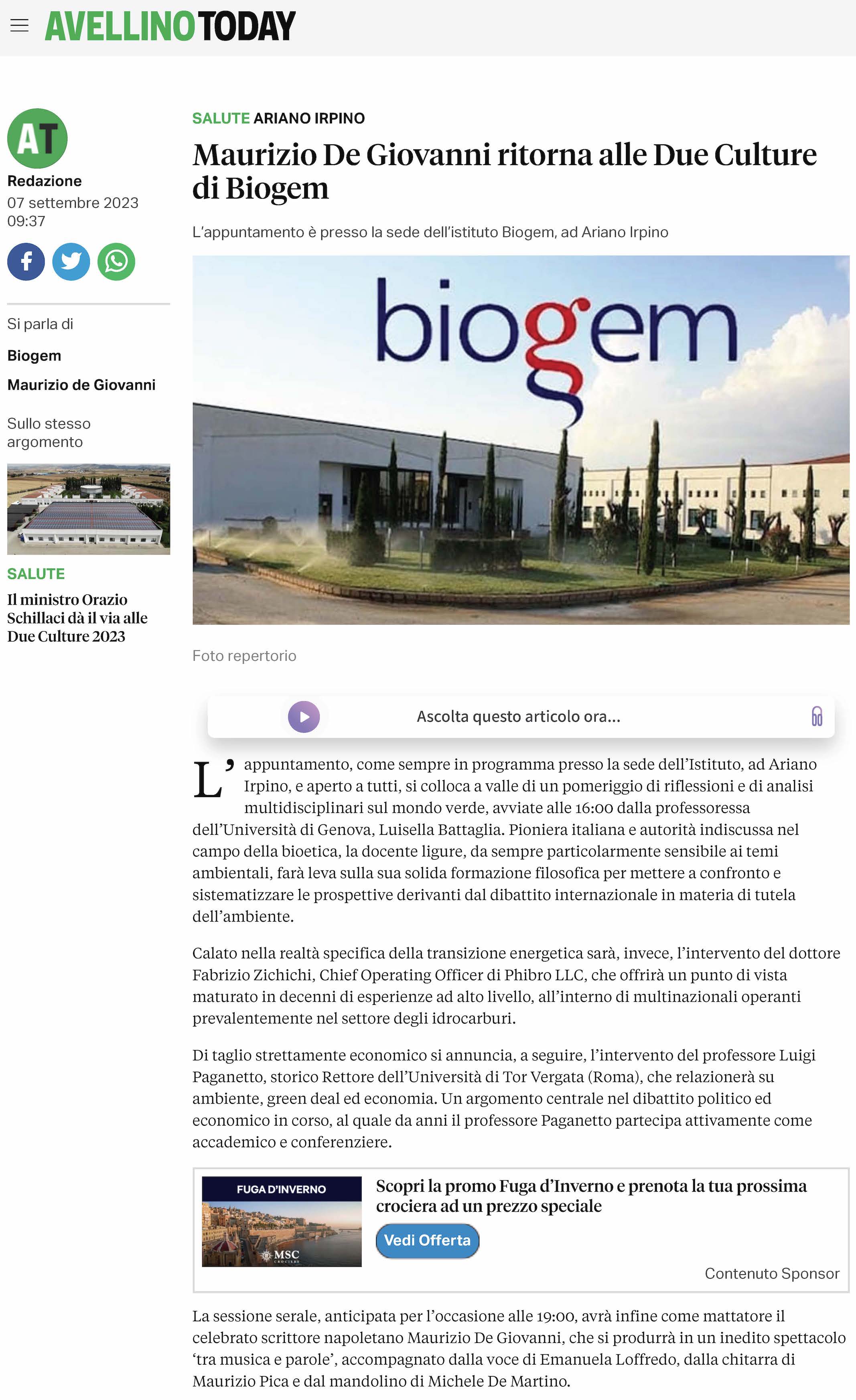 Maurizio De Giovanni ritorna alle Due Culture di Biogem